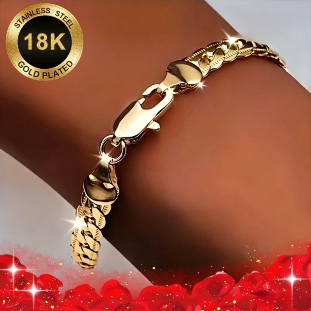 TEMU 316l Stainless Steel 18k Gold Plated High-quality Hypoallergenic Exquisite Bracelet, Fashionable Embossed Cuban Link Chain Bracelet, Stainless