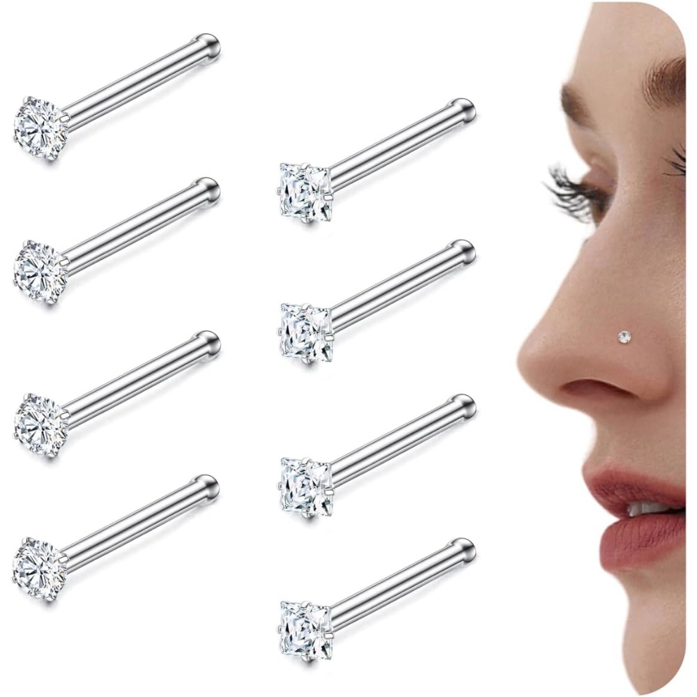 Image of 8pcs Stainless Steel Nose Rings Set | Bone Studs With Cz Stones In Round & Square Shapes - Ideal For Daily & Party Occasions, Synthetic Zirconia, By Milacolato
