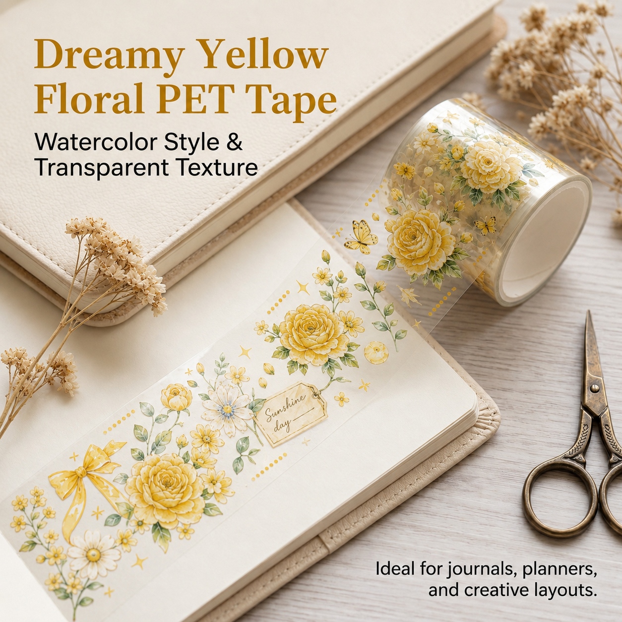 TEMU 1 Roll Yellow Floral Transparent Pet Tape, Decorative Washi Tape With Watercolor Flowers, Satin Bow, Butterflies And Sunshine Tag, 2m Tape For