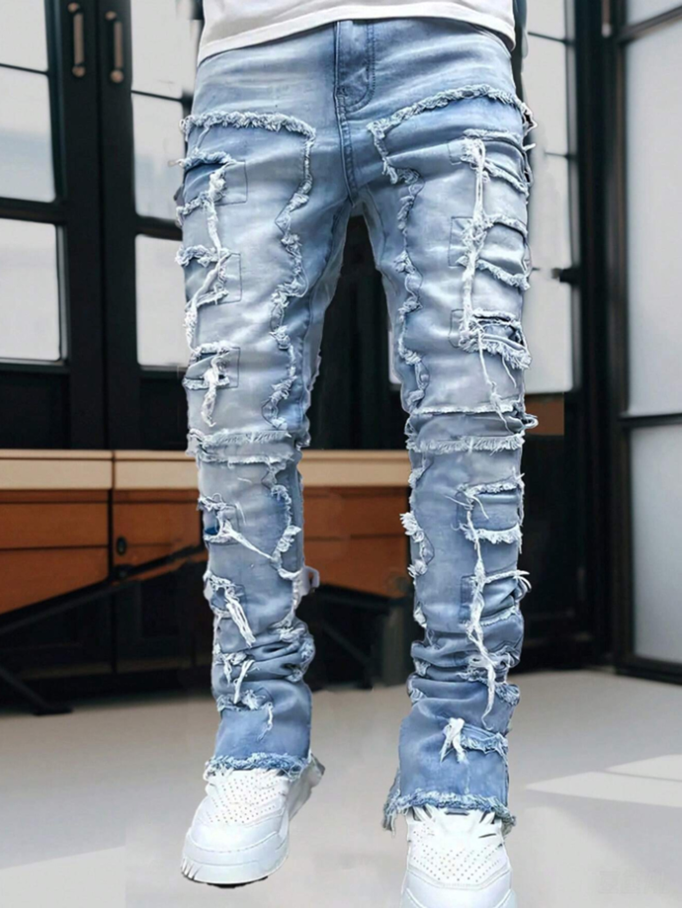 mens light wash stacked jeans heavy distressed frayed   skinny denim pants streetwear destroyed   edge trousers