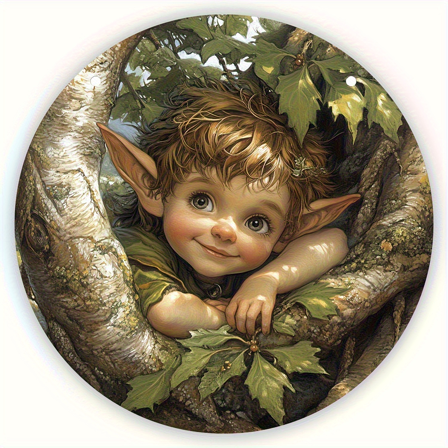 TEMU Plaque décorative ronde en bois plate 2D, motif d'elfe aux grands yeux et de fée aux longues oreilles - Décoration saisonnière de Noël et