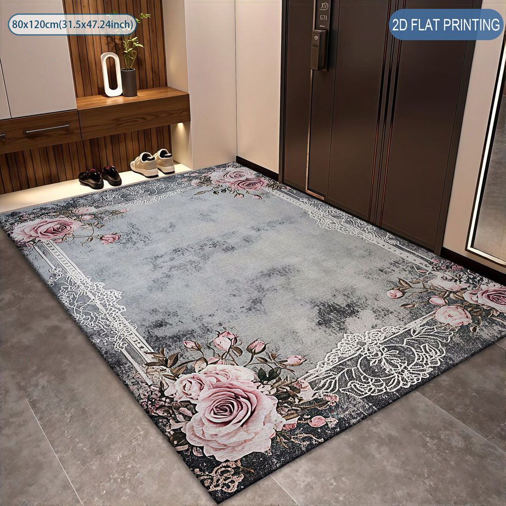 TEMU 1pc 2d Flat Vintage Lace Rose Border Mat, Velvet Material, Soft, Non-slip Design, Washable, Suitable For Entrance Door, Doorway, Bathroom,