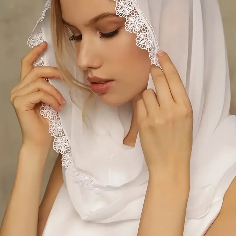 TEMU 1pc Solid Color Vintage Lace Head Covering Veil - Women's Non-elastic Fashion Polyester Veil, Embroidered Lace Flower Design | Religious Lace