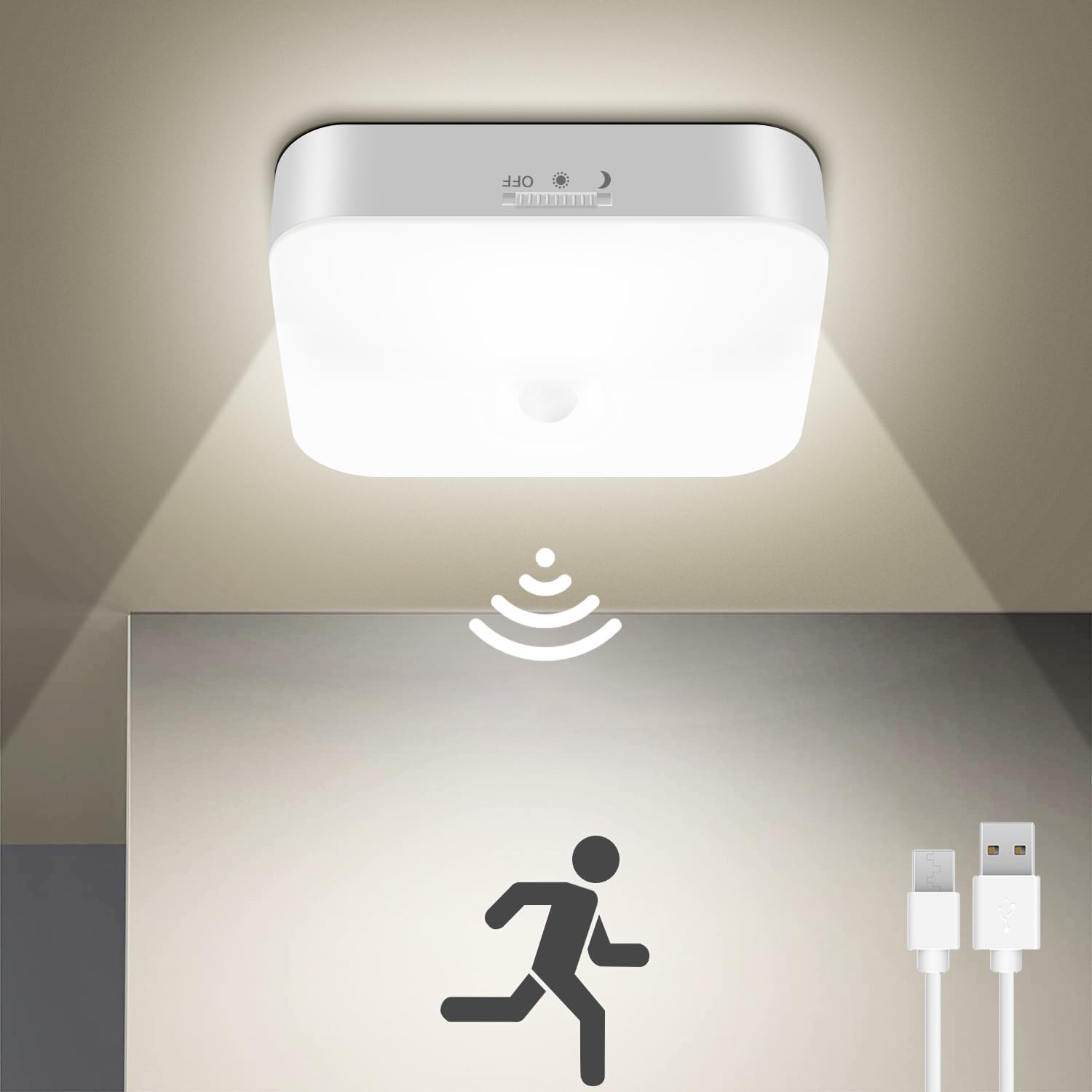 Image of 1pc Usb Rechargeable Motion Sensor Ceiling Light, 4000mah Battery Operated Led Ceiling Light Motion Activated Led Light For Closet Hallway Shower Pantry Basement Porch, Indoor Led Ceiling Lights