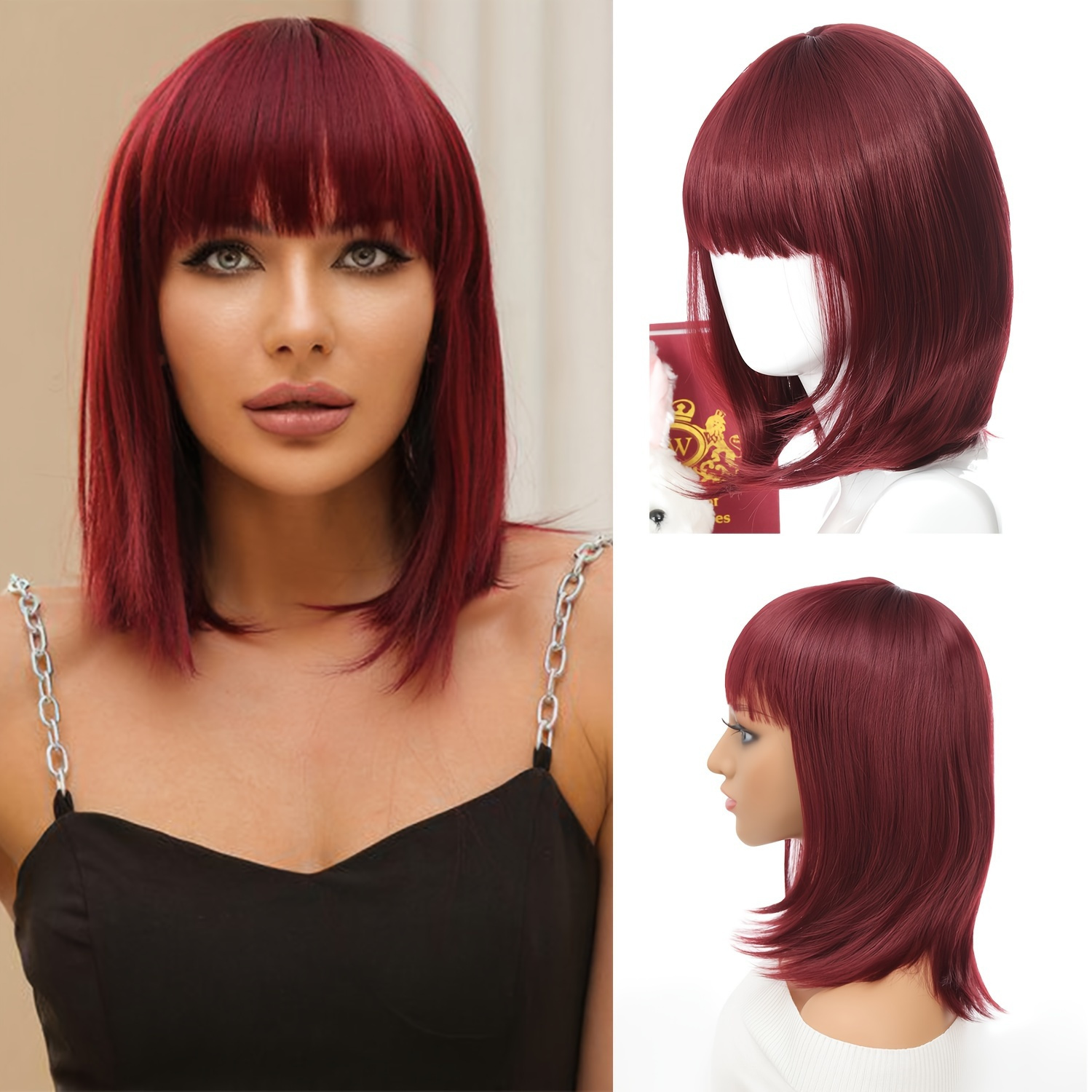 elegant wine red bob wig with bangs for women - 12 inch  display picture 1