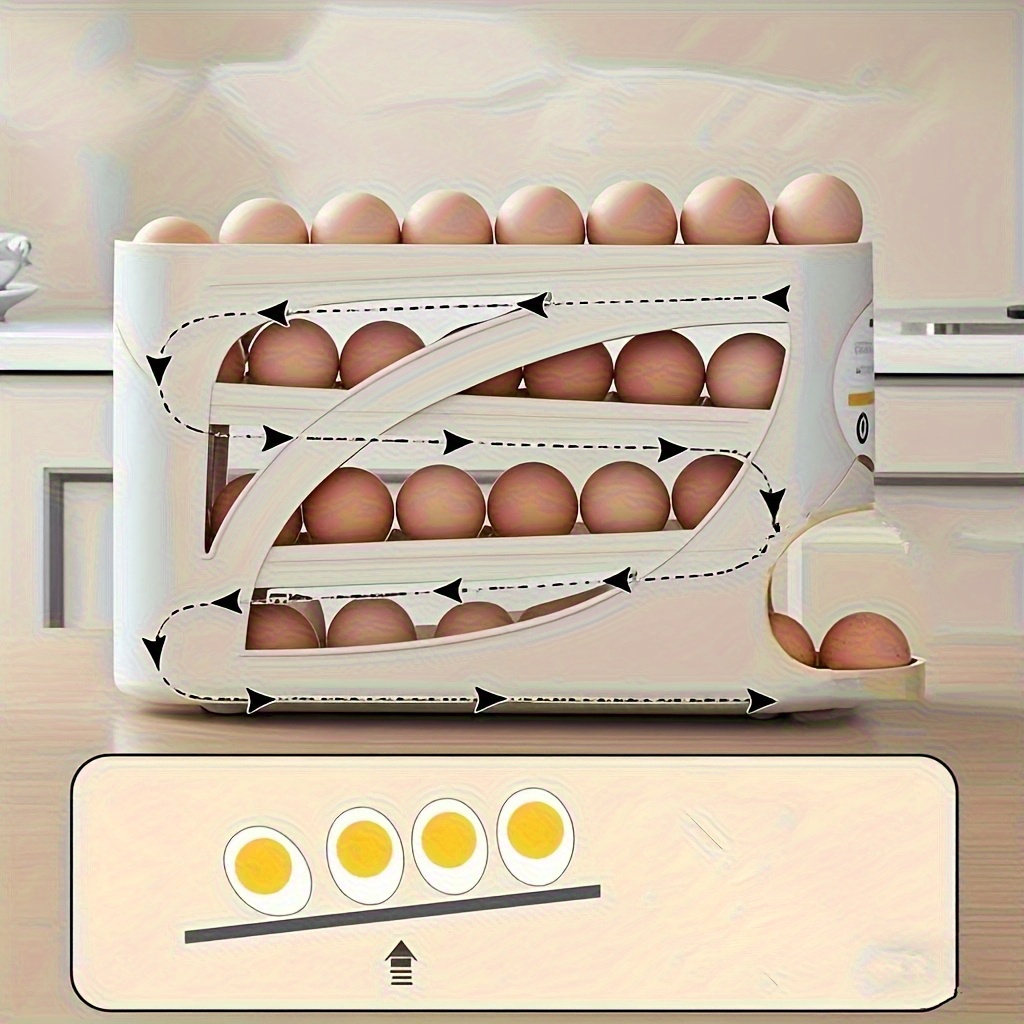 4-Tier Rolling Egg Holder - Space-Saving Side Door Design, Holds 30 Eggs, Smooth Glossy Finish, Convenient Handle | Suitable for Kitchen and Fridge Storage | Modern Kitchen Accessory | Durable Plastic Material