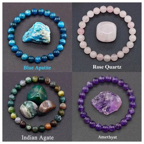 set of 4 natural stone bracelets stylish featuring blue apatite amethyst rose quartz and indian agate ideal for daily use or as a gift everyday jewelry natural stone bracelet smooth end