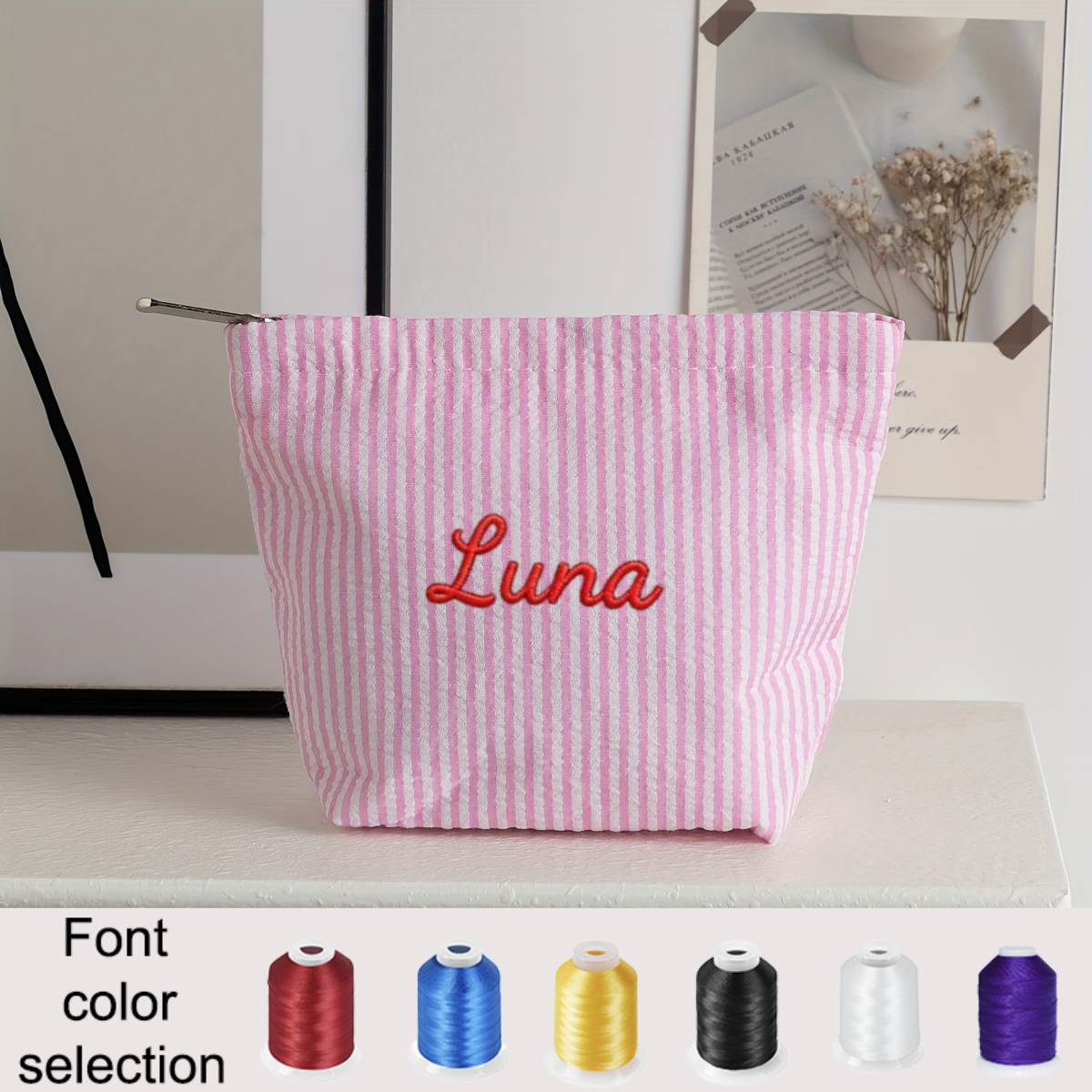 TEMU Custom Embroidered Textous Gauze Makeup Bag, Handheld Cosmetic Pouch, Women' Portable Toiletry Bag, Striped Storage Bag, Premium Striped Style,