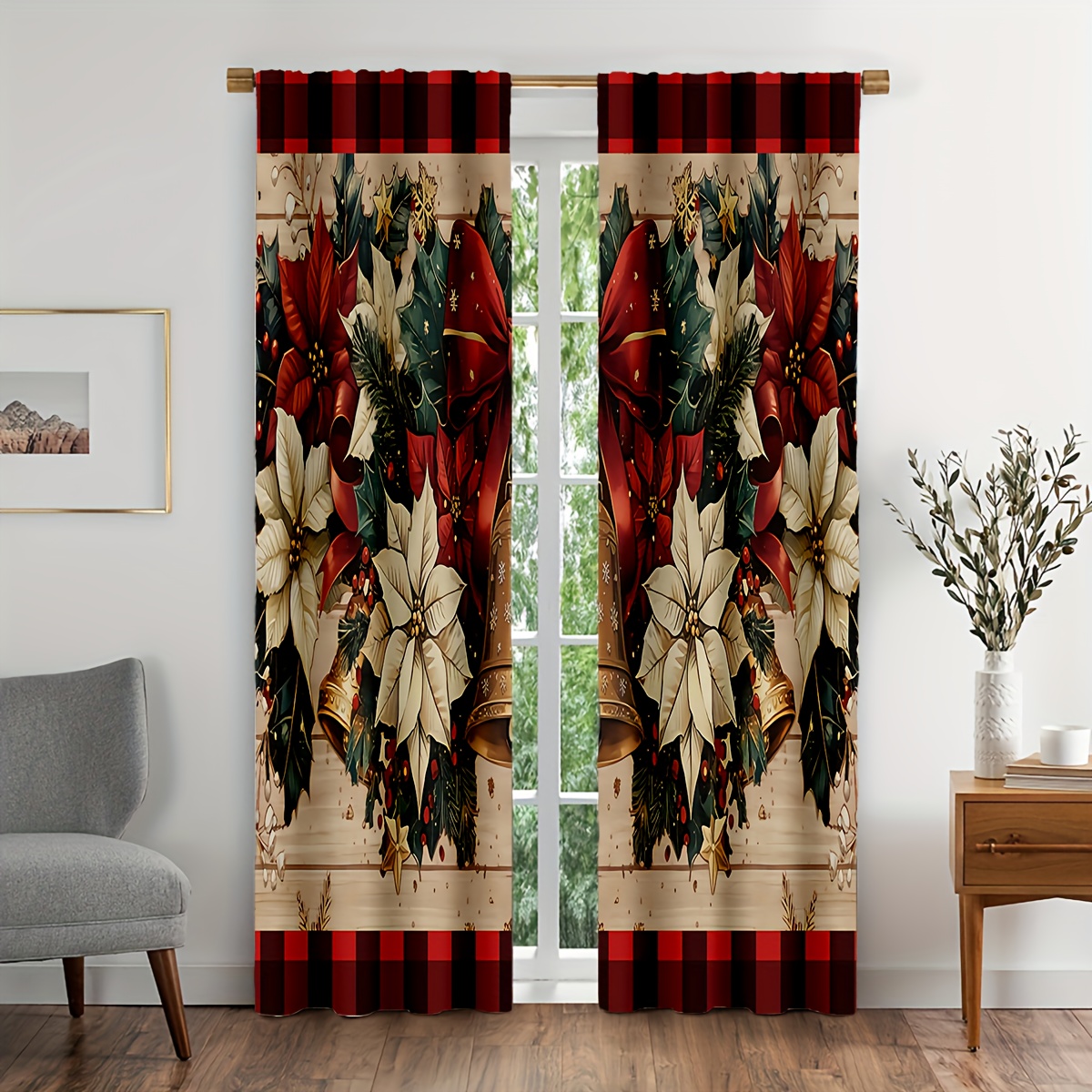 TEMU 2pcs Christmas Decoration Curtain Set, Featuring Festive Bells And Gorilla Wood Grain Pattern, Suitable For Home Window Decoration