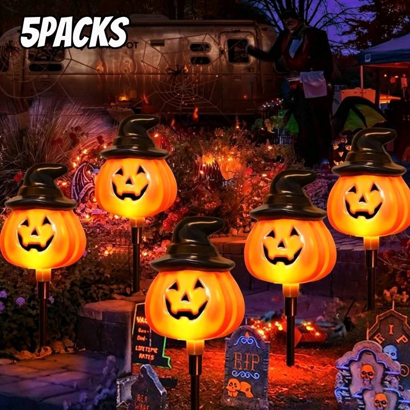 TEMU 5-pack Solar-powered Ground-stick Pumpkin Lantern Set-orange Halloween Pathway Decorative Lights, Ip65 Rating, With Memory Function,