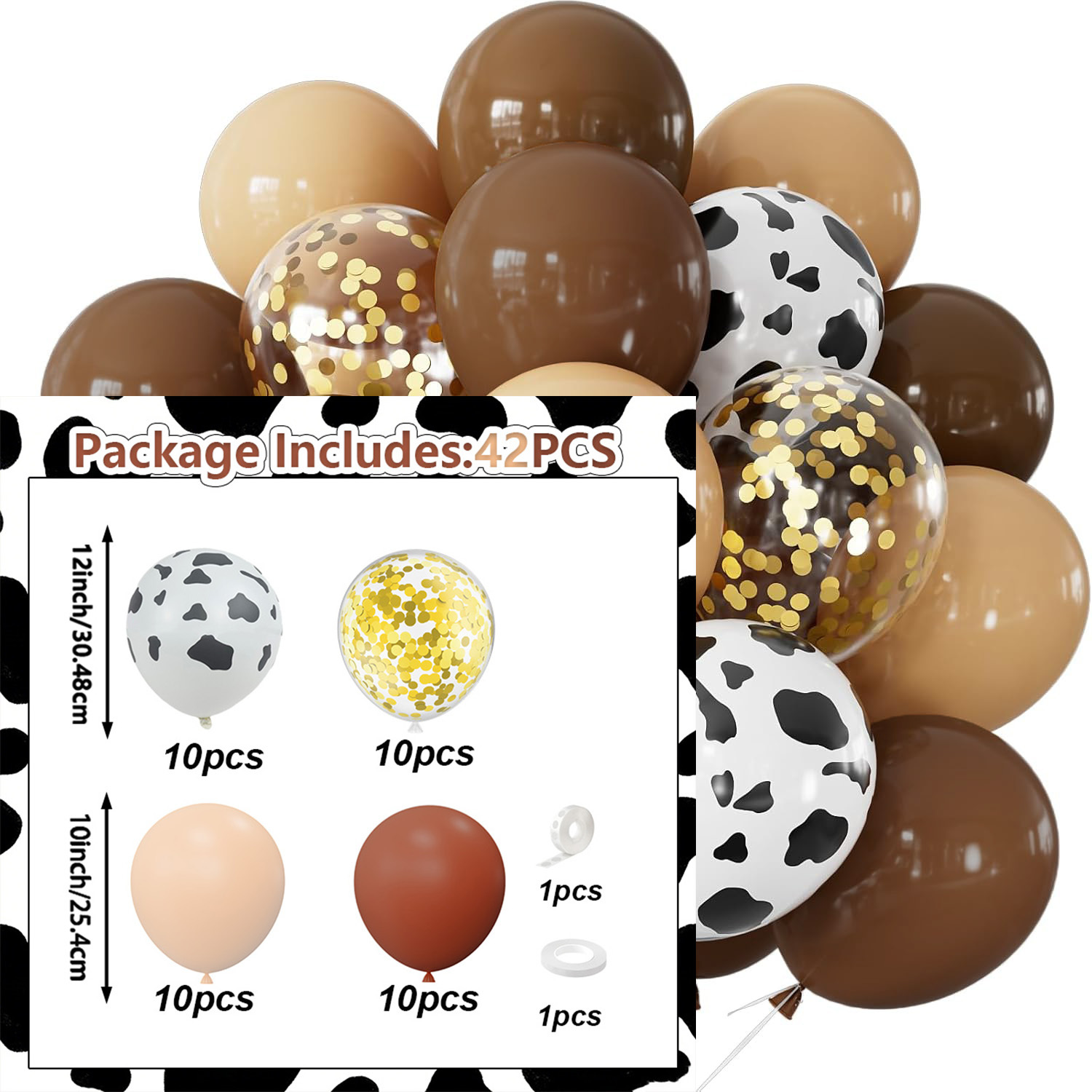 TEMU Lot de 42 ballons vache shower, baptême, fêtes d'anniversaire - Décorations de ballons vache sur le thème du pâturage avec couleurs beige et