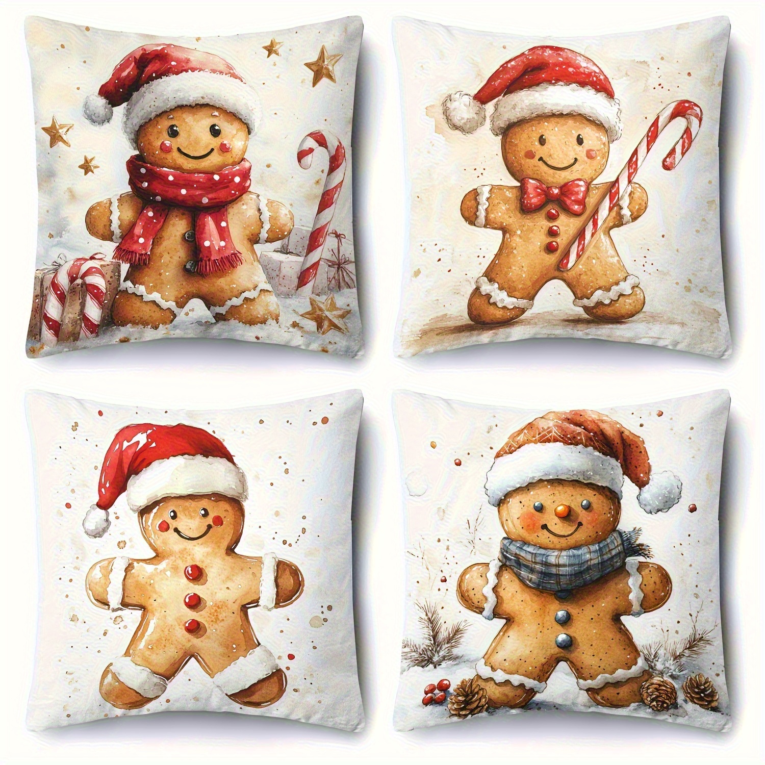 TEMU 4pcs Festive Gingerbread for Man Pillow Covers - Adorable Christmas Decor avec fermeture à glissière, lavable en machine, parfait pour , , le
