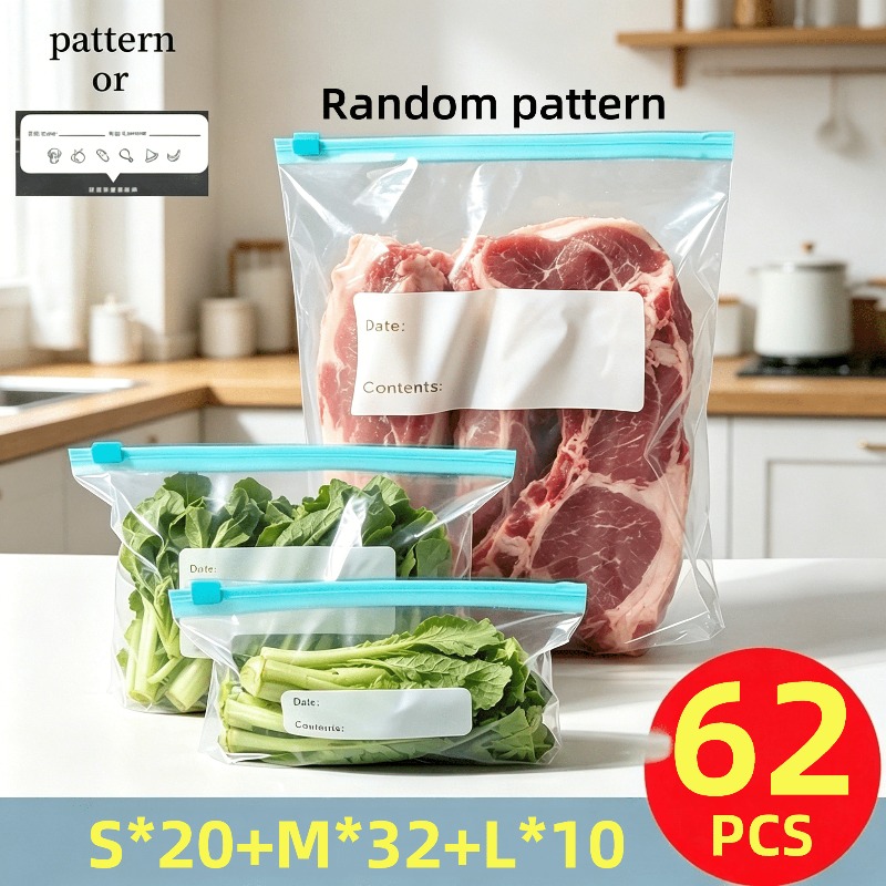 TEMU Peejaa 62pcs 3 Sizes Sealed Food Storage Bags - Reusable Zipper Bags | Durable Zipper Design | Food-grade Material | High-quality Food Sealing