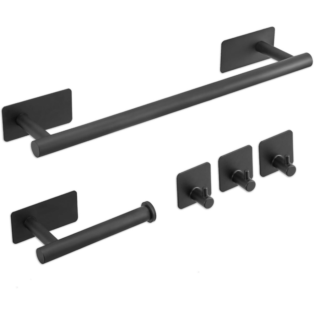 Set Of Bathroom Additions Made From 304 Stainless Steel Without The Need For Drilling, Includes Towel Holders, Paper Towel Holder, And 3 Hooks In Black And Silver, Designed For To Of