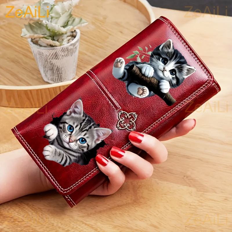 TEMU Portafoglio con motivo di gattino tabby grigio con brillanti che abbraccia un ramo d'albero per donna, unisex, borsa lunga tri-pieghevole ,