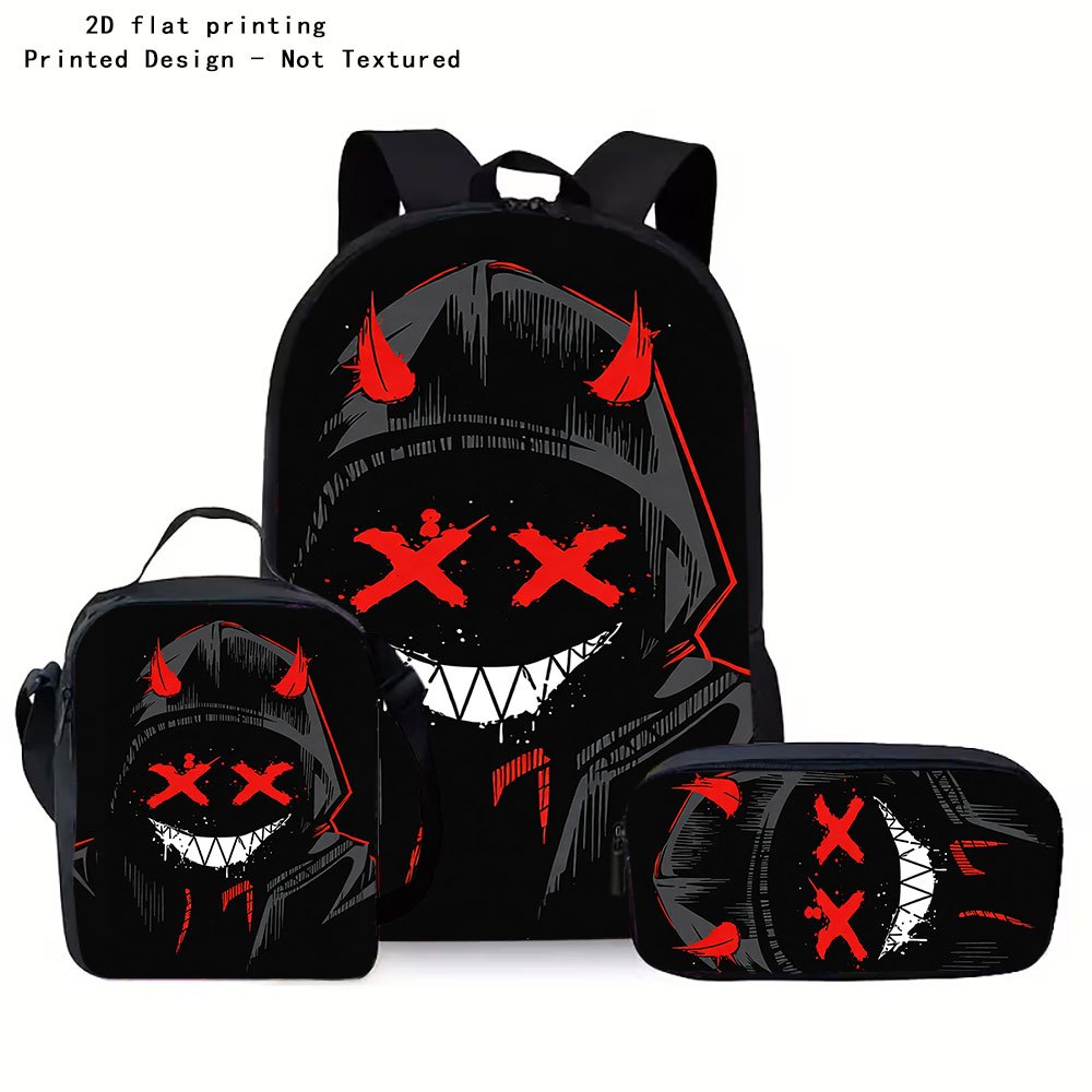 TEMU Red Horn Hooded Graffiti Print Backpack 3pcs Set, Crossbody Bag, Pencil Case, 2d Flat Printing, Printed Design - Not Textured, 2d Flat