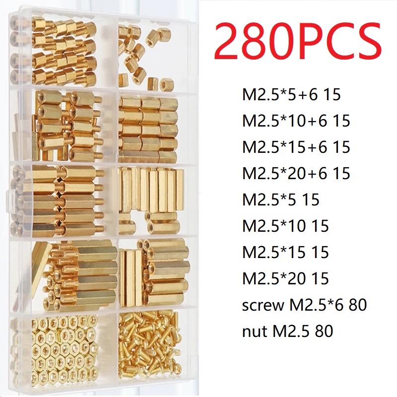 280pcs M2.5 Brass Male-female Threaded Hex Standoffs Spacers Screws Hex Nuts Assortment Kit