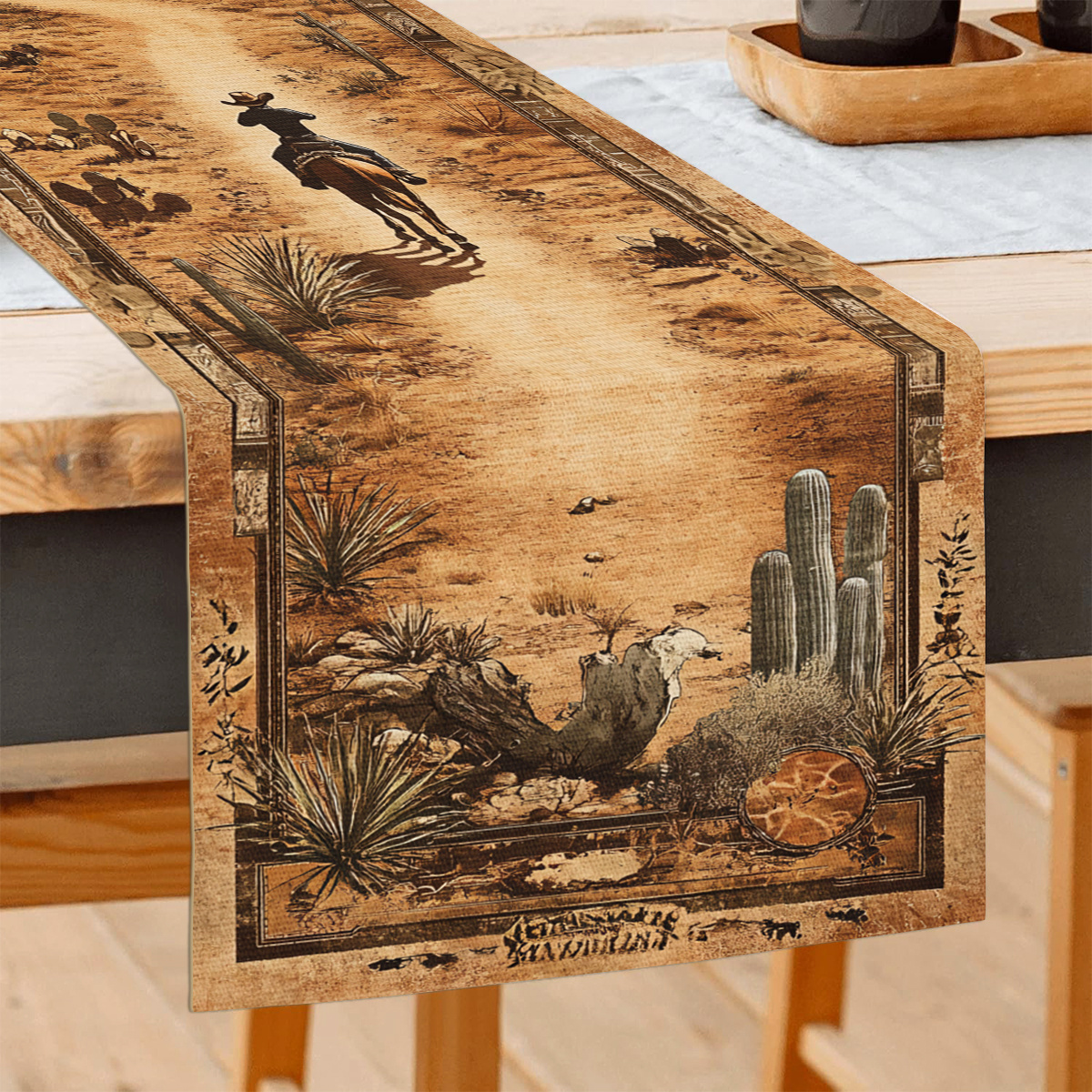 TEMU 1pc Polyester Table Runner - Vintage Western Cowboy & Desert Landscape Design, Rustic Americana , Square Kitchen Dining Shoe Cabinet Decor,