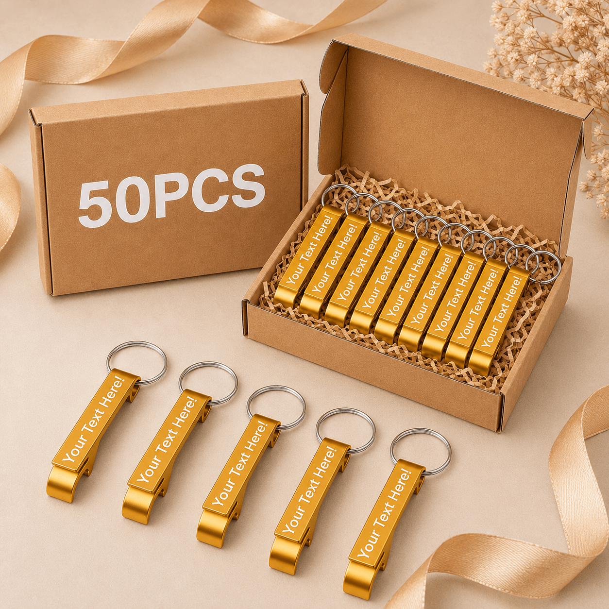TEMU Customized 50pcs Custom Alloy Bottle Openers And 1pc Box With Raffia Grass, Personalized Custom Aluminum Key Chain Bottle Opener - Suitable For