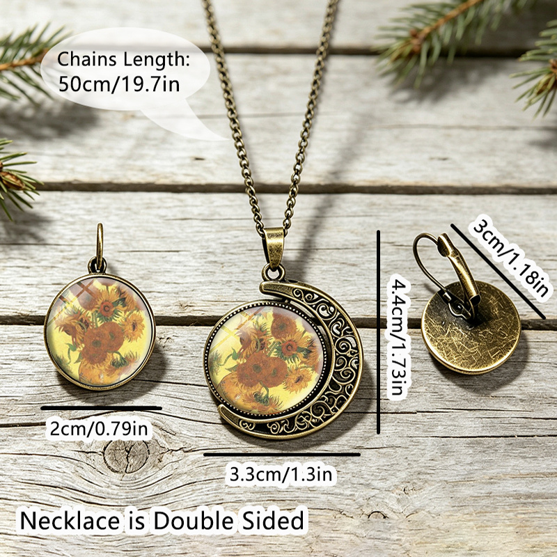 3pc Van Gogh Sunflowers & Crescent Moon Jewelry Set, Unisex