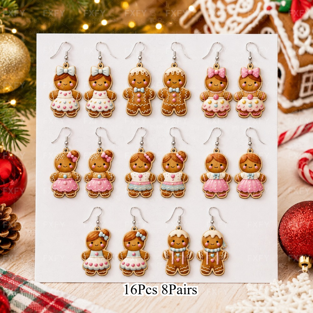 TEMU Ensemble de 16 pièces, 8 paires, Boucles d'oreilles de Noël en acrylique de en pain d'épices, Style et et vert, Convient pour un port et les