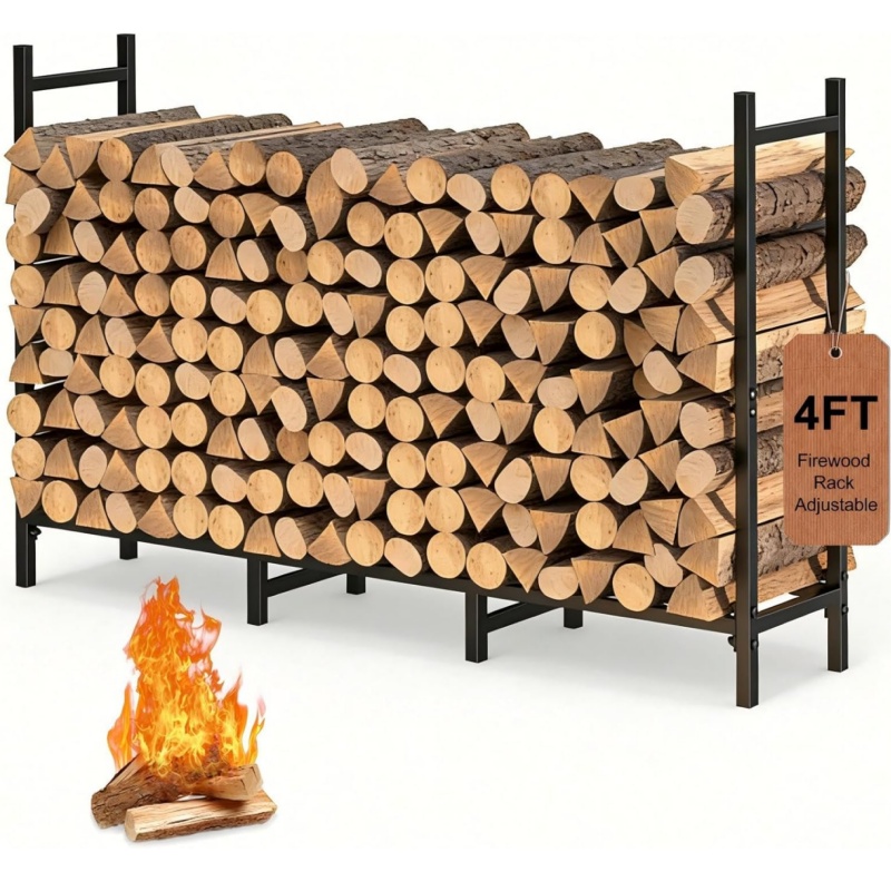 Image of 4ft Versatile Indoor/ Outdoor Firewood Rack - Heavy- Duty Metal Log Holder For Seasoning & Storage, Easy Assembly, Perfect For Backyard Decks, Patios, Garages
