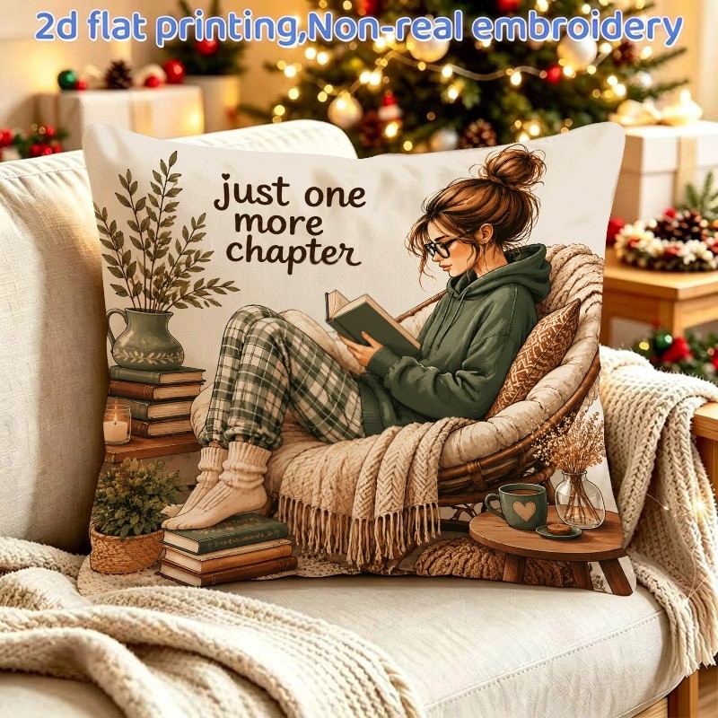 TEMU 1pc " More " Cozy Reading Illustration Pillowcase, 2d Flat Single-sided Print, Pillow Insert Not Included, 45x45cm/18x18in With Hidden Zipper,