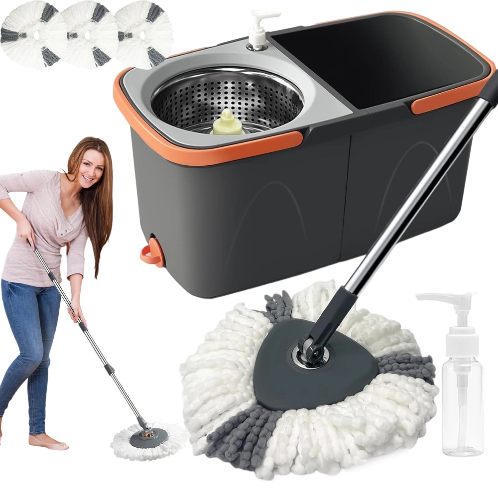 Image of 360° Rotating Mop And Bucket Set | Stainless Steel Spin Mop With 3 Microfiber Pads, 2-in-1 Wringing System, Suitable For All Floor Types, Kit For Living Room, Bedroom, Bathroom - Brand: Akkee