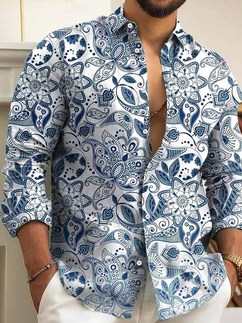 Men Luxury Long-Sleeved Shirt, Black Background with Golden Paisley Flower Print Design, Style, Suitable for Party Occasions, Casual Wear, And Personalized