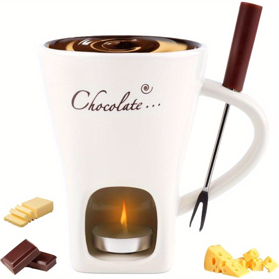 TEMU Chocolate Fondue Mug With Fork, Sweet With Tealights For Chocolate Cheese & Desserts Ceramic Fondue Pot Set Ideal Gift For Date Nights Birthdays