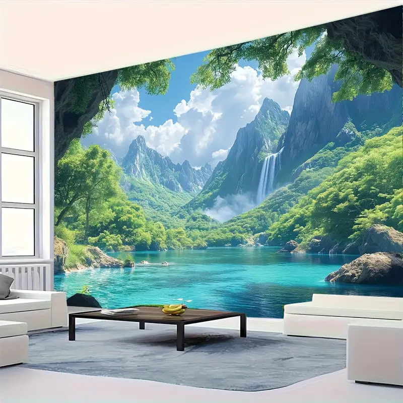 Extra Large Natural Waterfall Tapestry Tropical Greenery Blue Wall Hanging For Living Room Bedroom Background_voghion.com