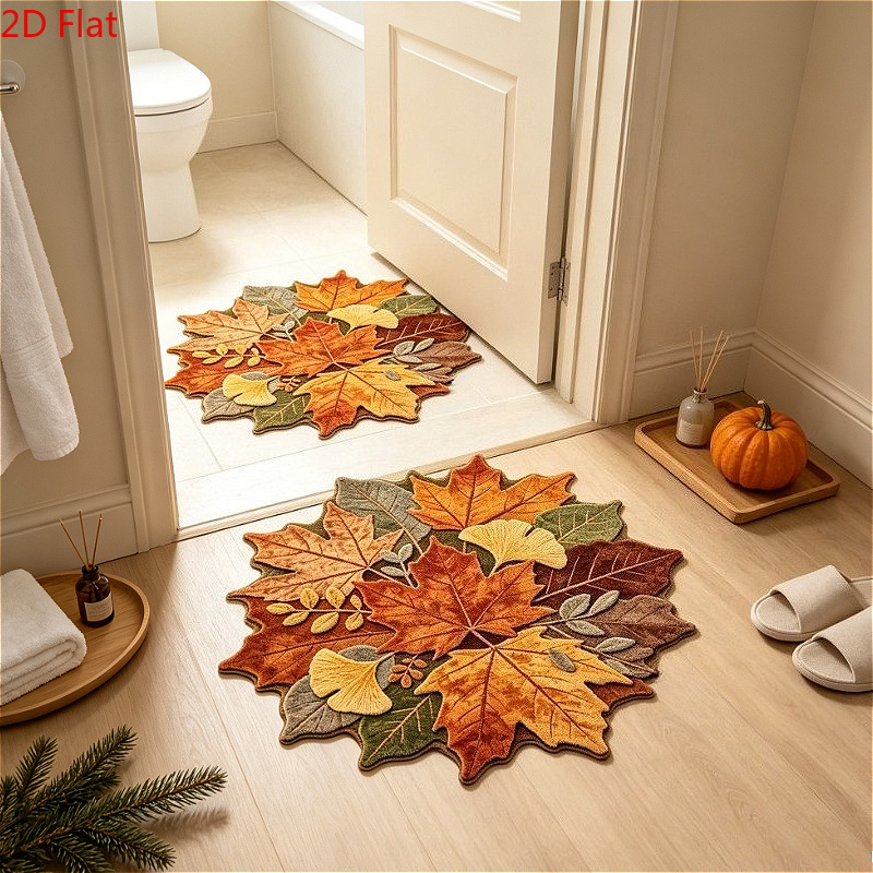 TEMU Fluwelen 900g+9mm [2D Plat] Herfst Esdoornblad en Ginkgo Onregelmatig Gevormde Antislip Entreemat, Vintage Herfstoogst Thanksgiving Sfeer