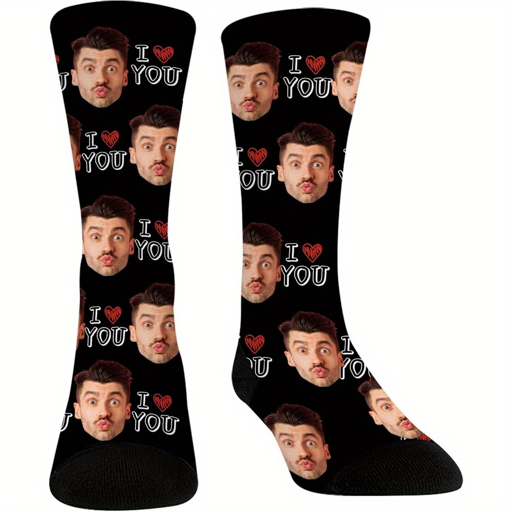 

1 Pair Custom Photo Crew Socks - "i Love You" Personalized Print, Polyester, Ideal For Valentine's Day & Birthday Gifts, Machine Washable