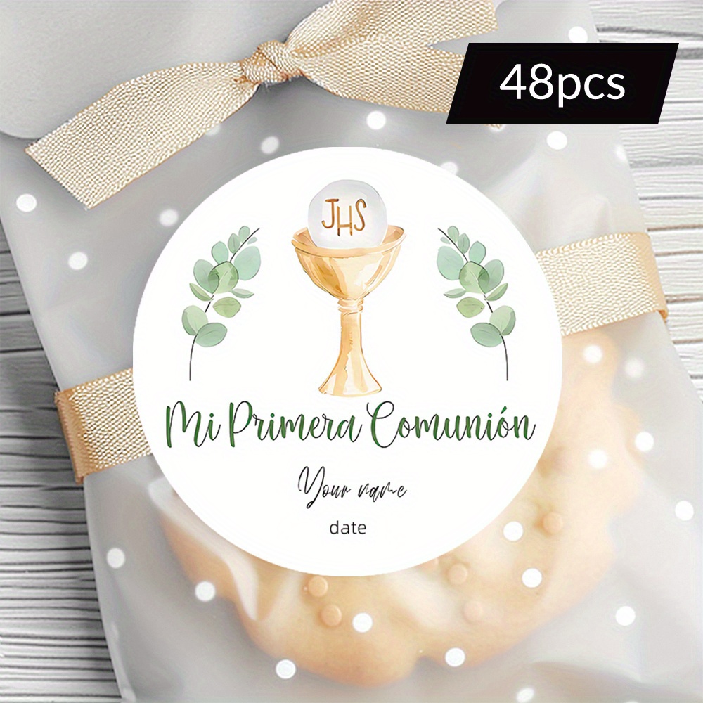 TEMU 48/96 piezas de pegatinas personalizadas, "Mi Primera Comunión" diseño de | dorada, eucalipto y texto en español | Ideal para celebraciones de