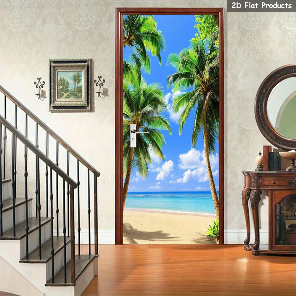 1 pair tropical beach scene wall decals self     view     and stick application for living room bedroom bathroom office removable wallpaper alternative ideal for home commercial decor beachy room decor 2d flat 0