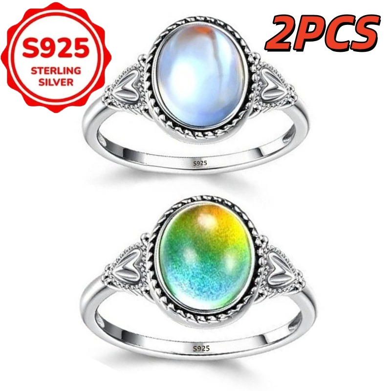 TEMU 2pcs/ Set S925 Sterling Silver Fashionable Women's Oval Thermochromic Ring, Ring, Mother' Gift, Goddess's Day, High-quality Gift Jewelry.