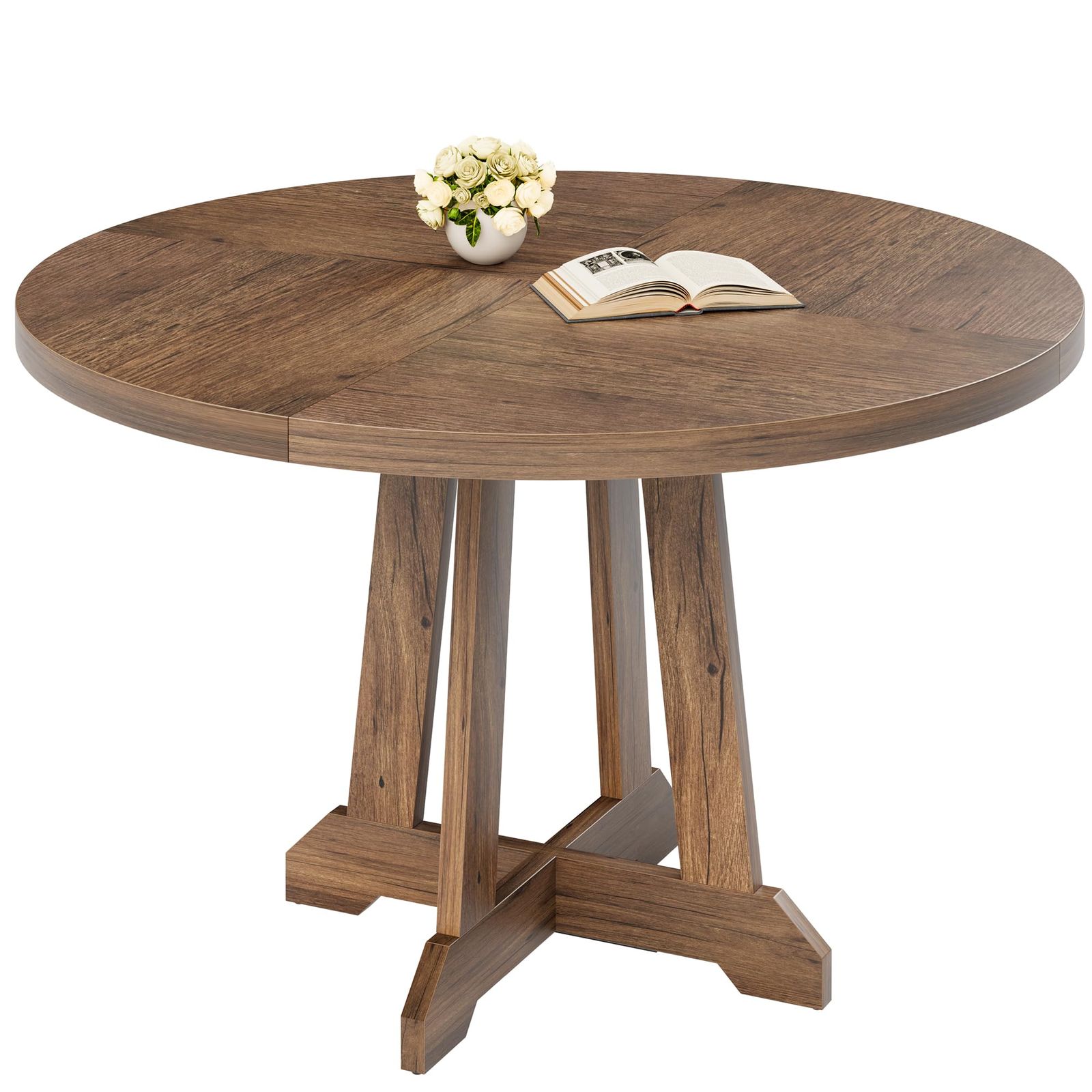 47-inch Round Wooden Dining Table, Spacious Enough For Four, Featuring A Farmhouse Style With A Sturdy Wooden Top And Legs, Suitable For Dining And Living Areas