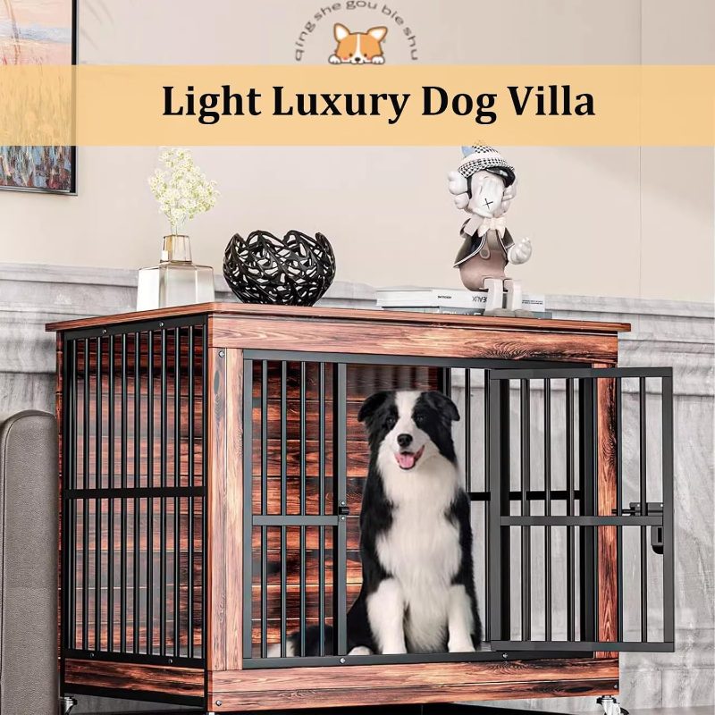 Heavy Duty Dog Crate Furniture, Dog Kennel with Locks And Trays, Chew-Proof Dog Cage Medium Breeds with Wheels And Built-In Top Storage Function, Living Rooms, Bedrooms, Farmhouses (White, S)