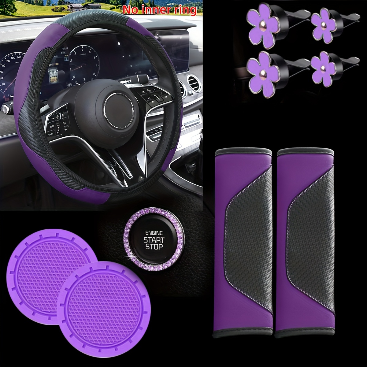 TEMU 10pcs Car Interior Accessories Complete Set - Steering Wheel Cover, Seat Belt Pads, Daisy Air Vent Clips, Cup Holders & Dashboard Decor -