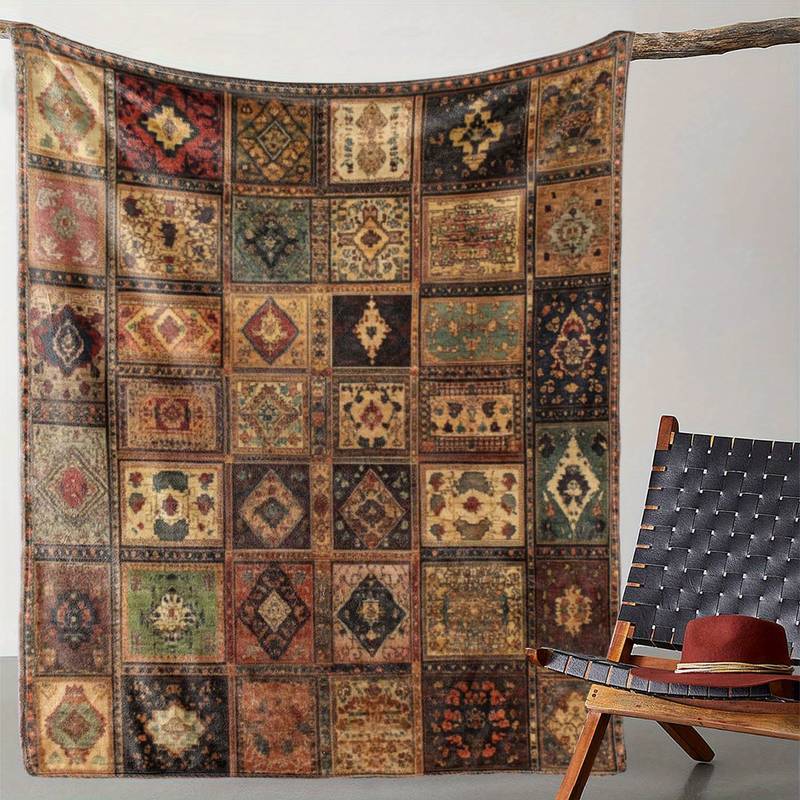 1pc Zeal Lily Bohemian Geometric Print Blanket | Soft Warm All-Season Throw For Sofa, Bed, Car, Camping, Office | Vintage Patchwork Design In Earthy Tones, Cozy Home Decor, Comfortable Bedding, Polyester, Dry Clean Only 0