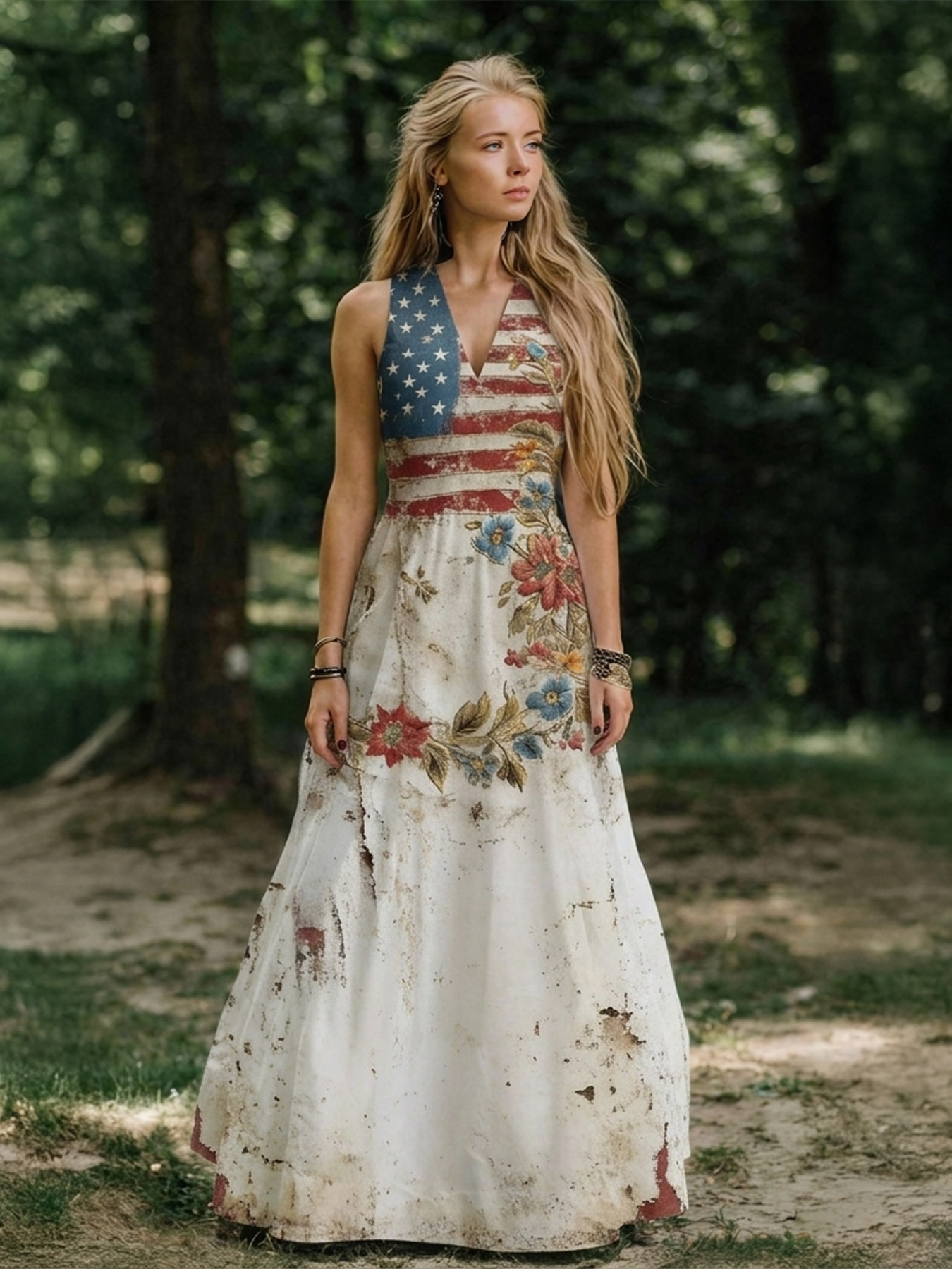 chinese dress ladies Retro USA Flag Floral Art Print V-Neck Sleeveless Maxi Dress – alicevintage main image 0