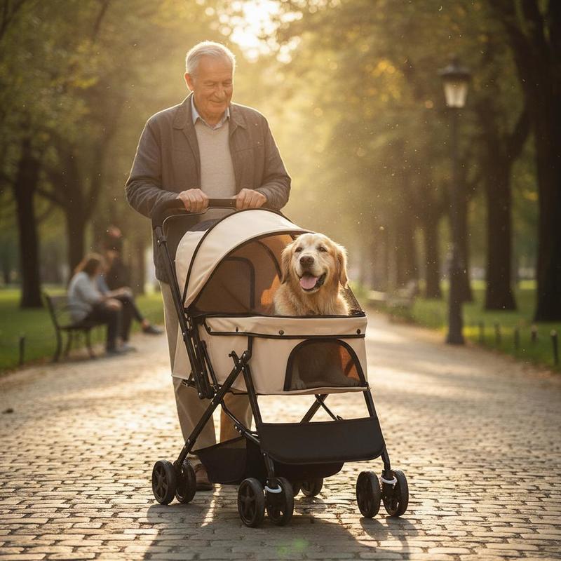 TEMU Dog Stroller Foldable Pet Buggy, 1 Basket, 2 Brakes, Includes Safety Leash, Light Brown