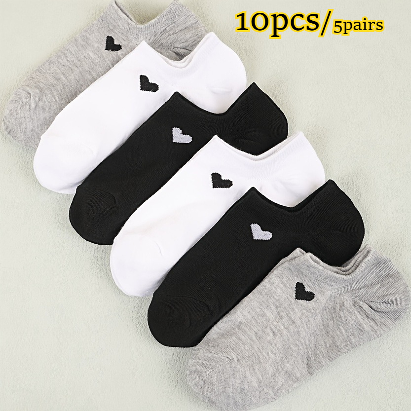 TEMU 10pcs/5pairs Women' Wear Fashion Versatile Socks, Heart-shaped Breathable Sheer Socks, Easy Casual Low-cut Socks, Moisture-wicking And