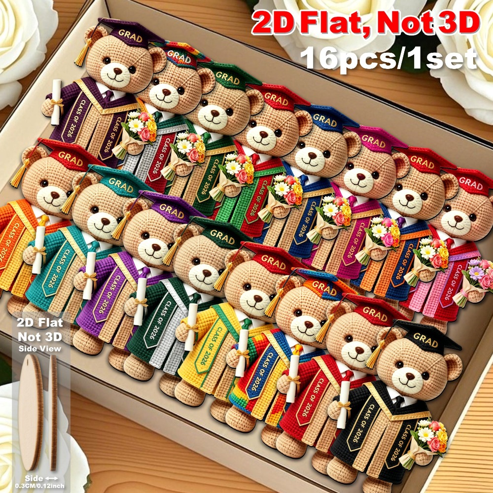 adornos de madera de oso de graduación   2d de 16 piezas, oso de estilo de ganchillo   de 2026, decoraciones colgantes de oso, colores surtidos, recuerdos de  , regalos de recuerdo de graduación