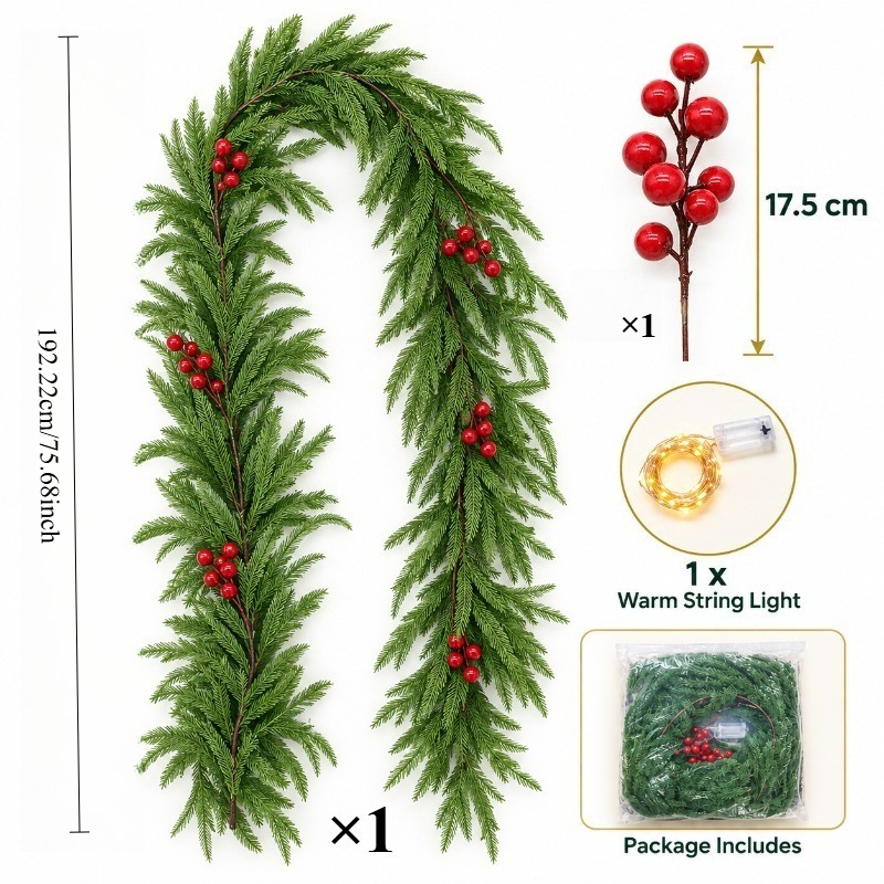 TEMU 75.68 Inch Norfolk Pine Christmas Garland With And 1pc Red Berries ( Not Included), Artificial Christmas Greenery Garland For Fireplace Mantel,