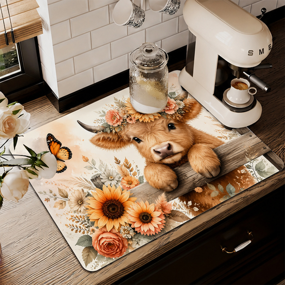 TEMU 1pc Highland Cow Sunflower Watercolor Print Absorbent Placemat, Dish Drying Mat, Rubber Non-slip Coffee Maker Drip Mat, Kitchen Countertop