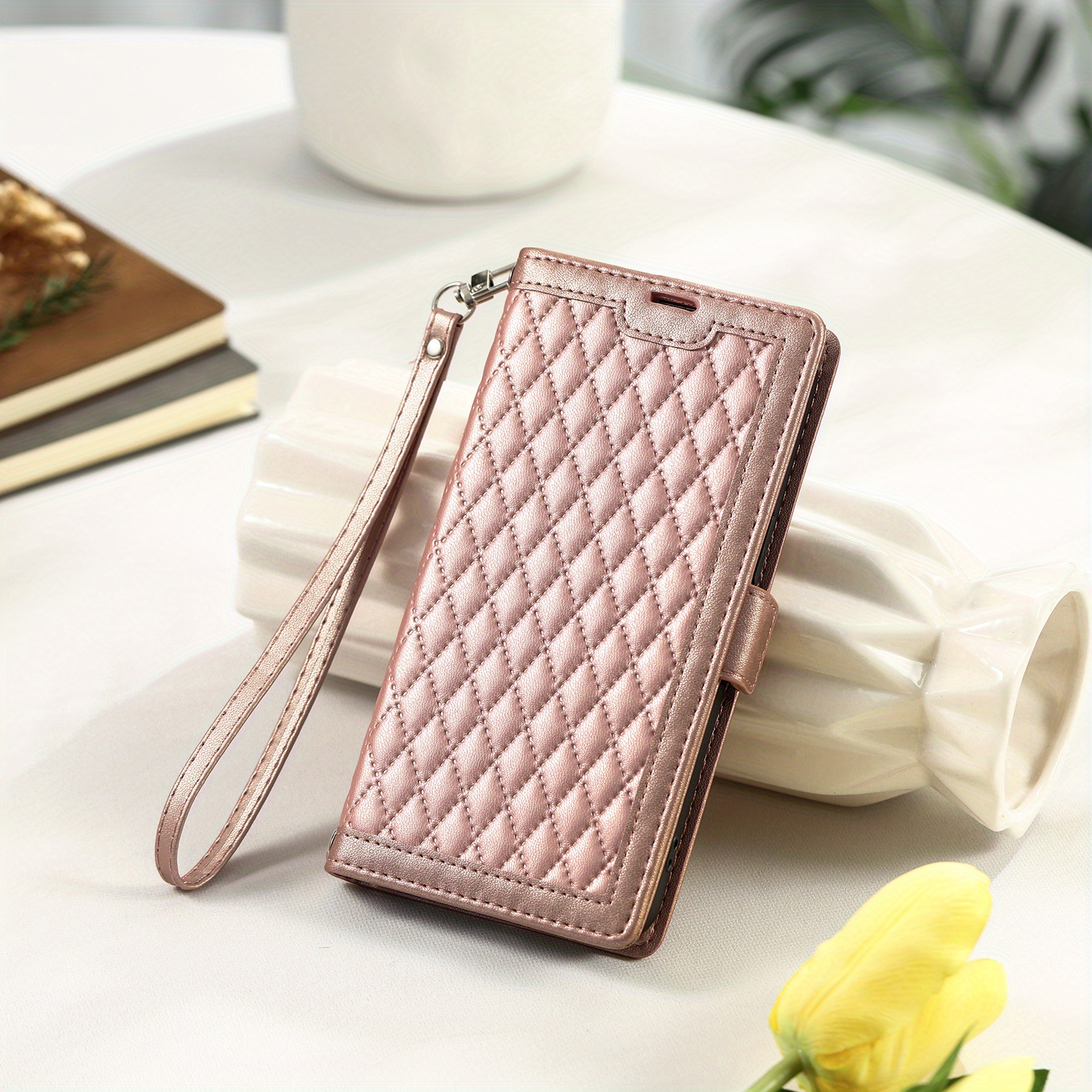 TEMU Phone Case - Rose Golden 017 Checkered Zipper Bag With Short Strap, Versatile Phone Faux Leather Case For Men And Women, Phone Cover Compatible