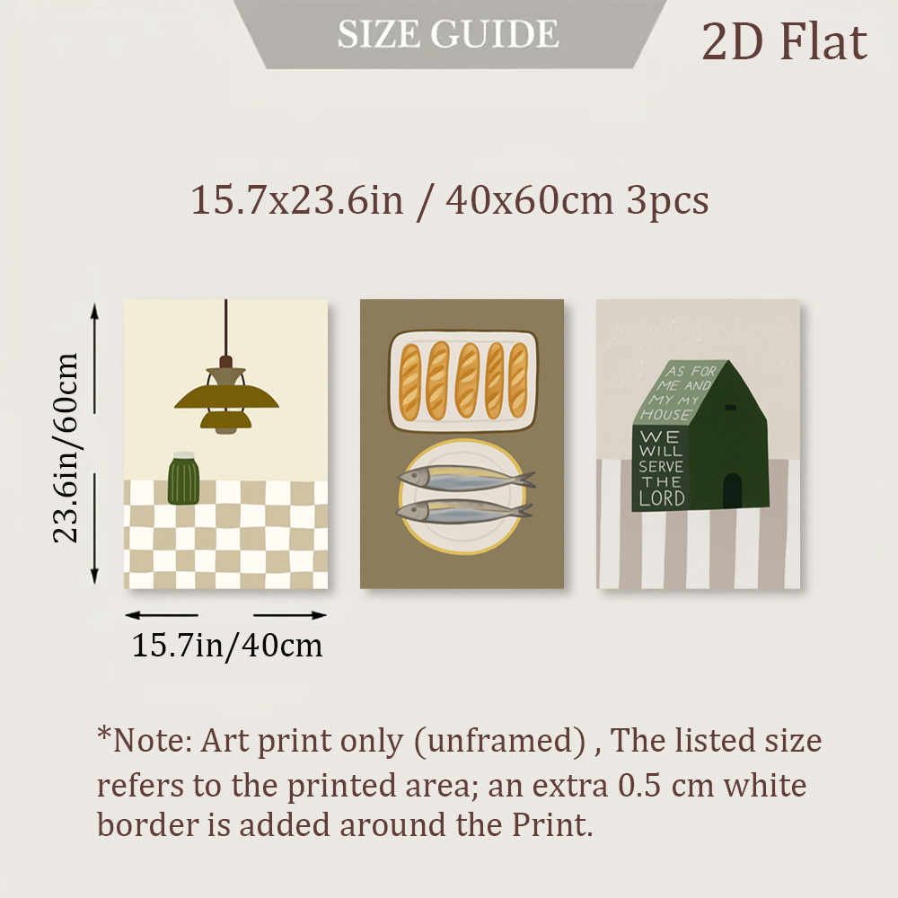 TEMU 2d Flat, 2d Flat, 3pcs Unframed Checkered Tablecloth Wall Decor | Loaves Of Bread Canvas Decorations, Fish On Plate Art Prints, Religious House