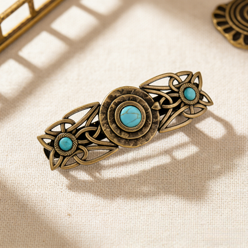 TEMU 1pc Vintage European Style Copper-tone Hollow Pattern Turquoise-inspired Spring Hair Clip, Elegant Half-up Hair Accessory For Women, Perfect For