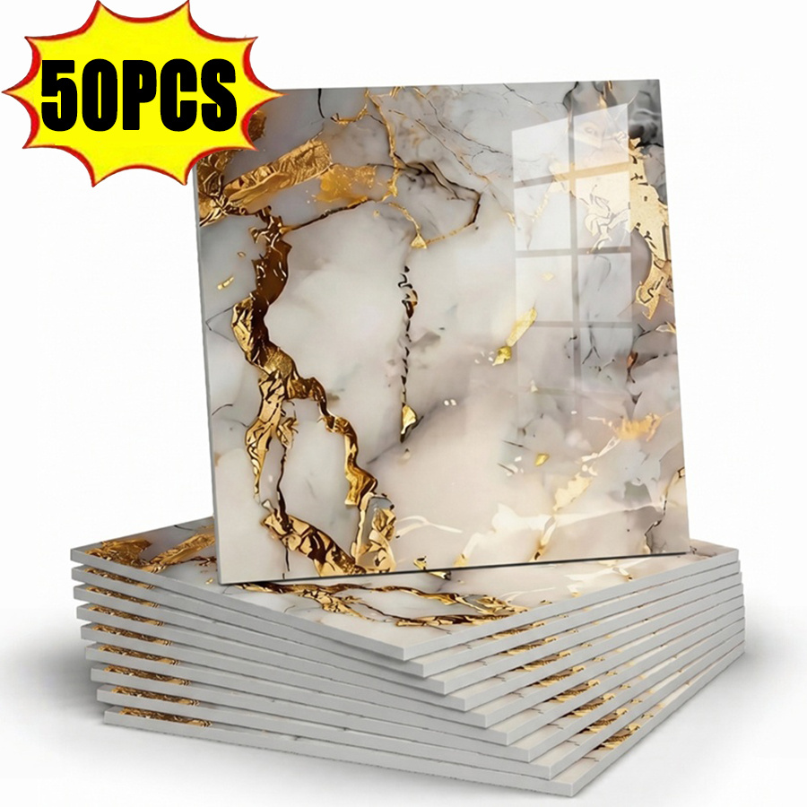 TEMU 50pcs/100pcs Pack Pvc Waterproof Panels - 30x30cm/11.8x11.8in Glossy Golden- Sheets Suitable For Bathroom Walls, Kitchen Covering, Moistureproof